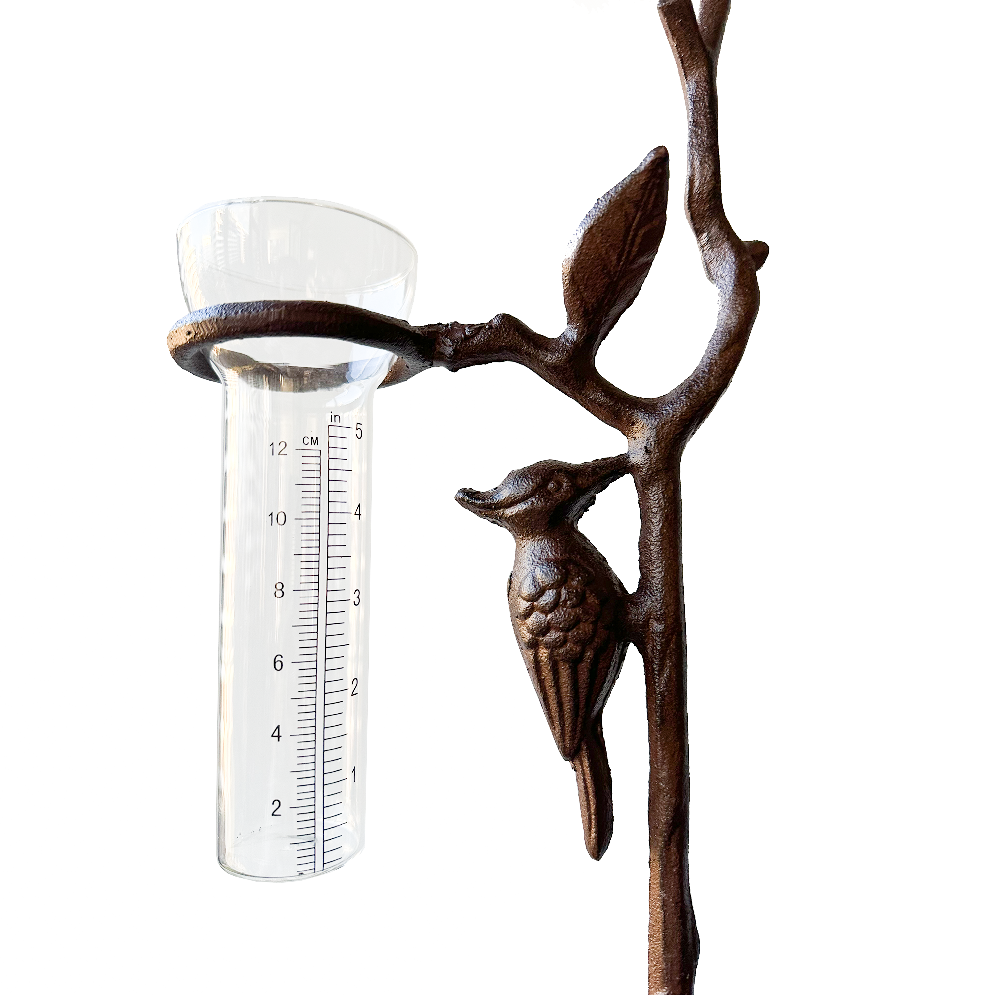 Cast Iron Rain Gauge Stake - Bird with large rain gauge - YW-CIRG-012