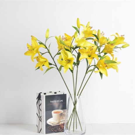 SP-10007-YE three heads Artificial yellow Lilies 68cm / set 0f 6